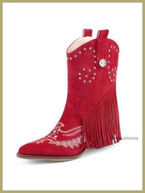 Suede Cowboy Ankle Boots Fringe Pointed Toe Chunky Heel Western